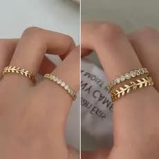 Anel fino de folha de zircônia, anel feminino de duas peças banhado a cobre, ouro 18K Prata 925 verdadeiro