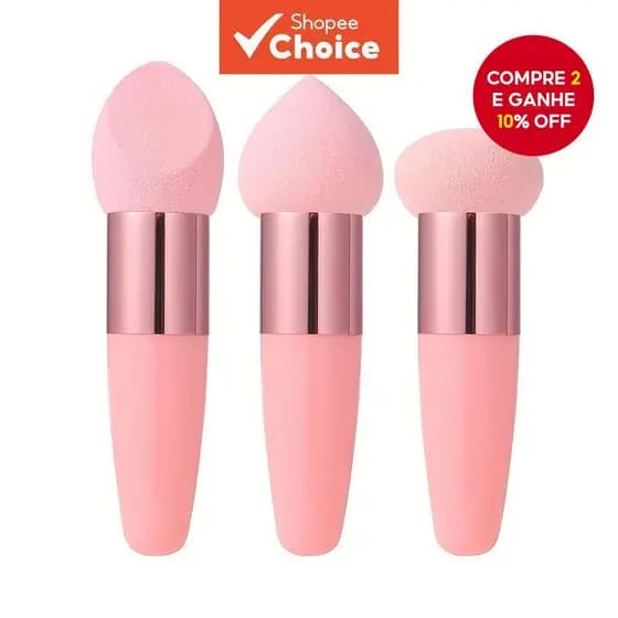 Conjunto de 3 Esponjas de Maquiagem Rosa, Formatos Variados, Cabo Metálico, Fácil de Limpar, Mistura Perfeita, Ideal