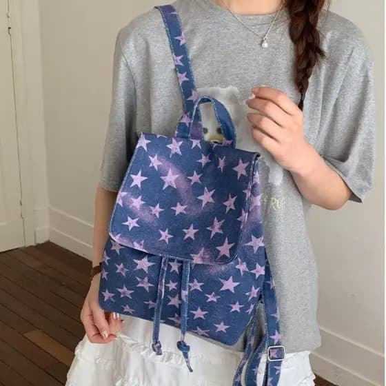 Versão Coreana ins mini Mochila Jeans Estilo Estrela Para Meninas AD0L