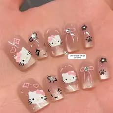 Dicas de Unhas Curtas com Adesivos Removíveis Crystal Diamond KT Olho de Gato Pintado à Mão KT Gato Fofo Verão Doce Estu