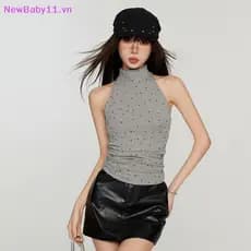 NewBaby Verão Retro Bolinhas Meia Tartaruga Sem Mangas Camisola Fina Para Mulher VN