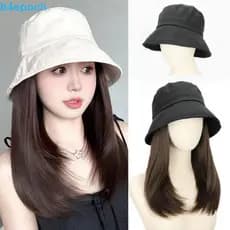 BREPOCH Perucas De Chapéu De Cabelo Curto E Reto , Peruca Fofa Pescador Sintética Para Guarda-Sol De Verão