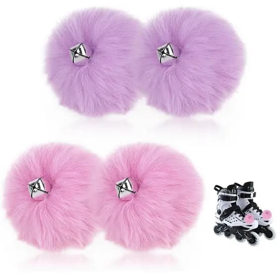 Mozeat Lens 4 Pieces Roller Skate Pom Poms with Bells for Women Girls Fluffy Pompoms Faux Fur Pom Pom Tie-on Roller Skat