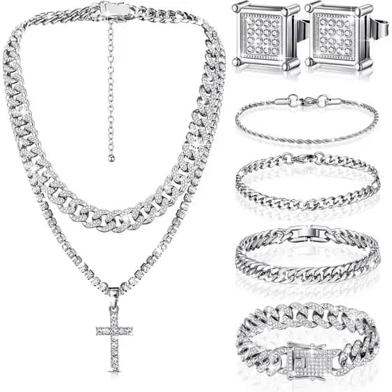 Conjunto de Joias Hip Hop Yinkin com 6 Peças para Homens, Pulseira de Corrente com Strass, Brincos, Conjunto de Joias co