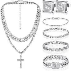 Conjunto de Joias Hip Hop Yinkin com 6 Peças para Homens, Pulseira de Corrente com Strass, Brincos, Conjunto de Joias co