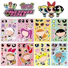8 Peças/conjunto - Adesivos de Quebra-Cabeça das Powerpuff Girls para Crianças, Série Anime, DIY Interativo para Rostos
