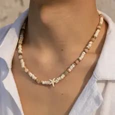 Colar KunJoe de Verão com Contas de Madeira de Casca de Coco e Estrela-do-mar, Estilo Boêmio Masculino, Corrente de Clav