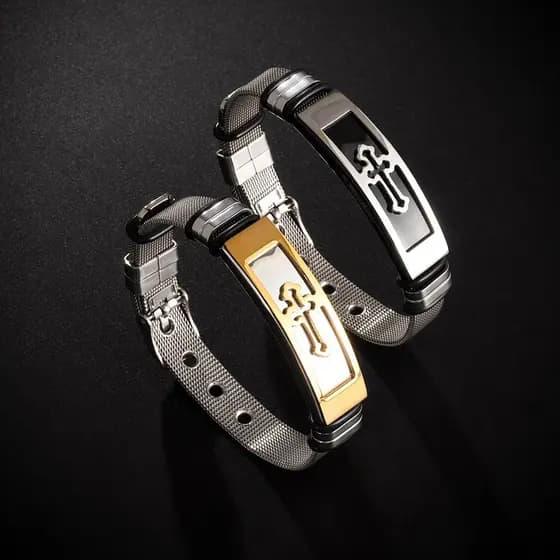 Pulseira Cruzada Esculpida Moderna – Joias Ajustáveis De Aço Inoxidável Para Homens Em Ouro E Prata