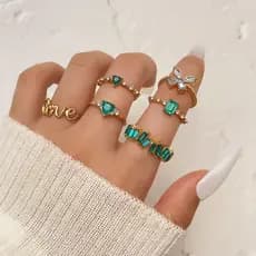 6 Peças De Pedra Preciosa Verde Zircão Borboleta Coração Design Para Mulheres Conjunto De Anel De Luxo