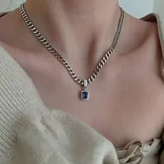 Pronto estoque azul strass moda Retro diamante colar pulseira conjunto de corrente grossa