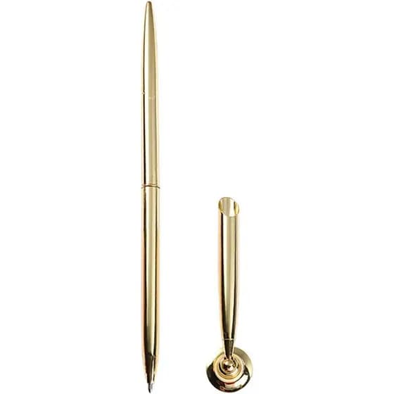 Dourada e Suporte para Caneta, Porta-Canetas Redondo, Conjunto de Canetas para Assinatura, Base de Metal Acoplada