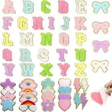 BoAn 76 Patches de Chenille para Roupas DIY Autoadesivos, Inclui 26 Patches de Letras, Relâmpagos, Arco-Íris, Laço, Cora