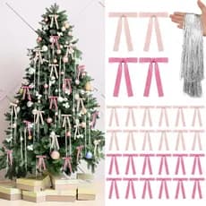 Shihanee Valentines Tree Decor Pink Velvet Bows and Tinsel Icicles Set 30 Pcs Velvet Bows 3000 Strands Tinsel Icicles Va