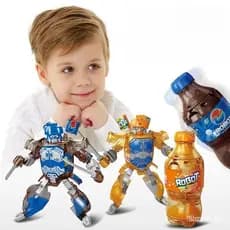 Brinquedo Robô Transformável Garrafa Refrigerante - Azul e Laranja - Presente de Páscoa para Crianças