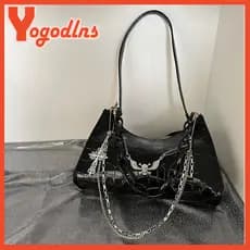 Bolsa de Ombro de Couro PU Vintage Gótica Yogodlns com Corrente de Caveira Feminina
