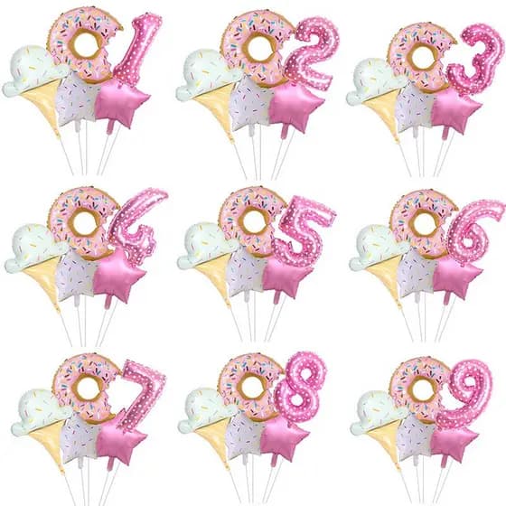 5pc Sorvete Número Rosa Balão Bouquent Donuts Candy Birthday Party Globos Decoração