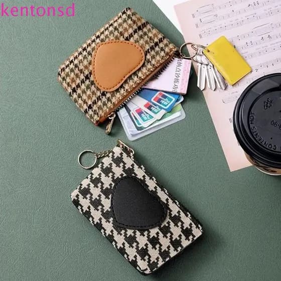 Carteira de Moeda de Lona KENTONSD, Carteira de Chave de Carro em Couro PU com Zíper Houndstooth, Carteira Curta B5L6