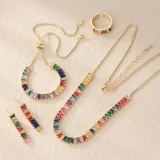 Conjunto de joias femininas conjunto de 4 peças colorido quadrado zircão pulseira anel colar brincos