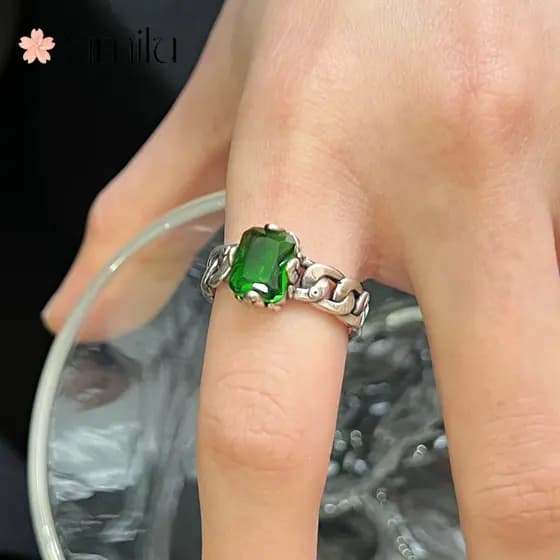 ❤ Requintado anel de diamante esmeralda aberto de prata tailandesa joias da moda para meninas
