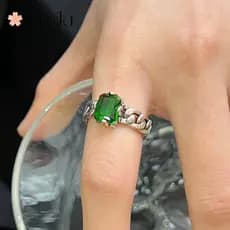 ❤ Requintado anel de diamante esmeralda aberto de prata tailandesa joias da moda para meninas