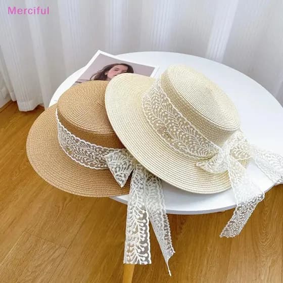 [Mer] Chapéu De Palha De Praia De Verão Para Mulheres , Laço De Renda , Aba Larga , Proteção Solar , Viagem , Moda , Fér