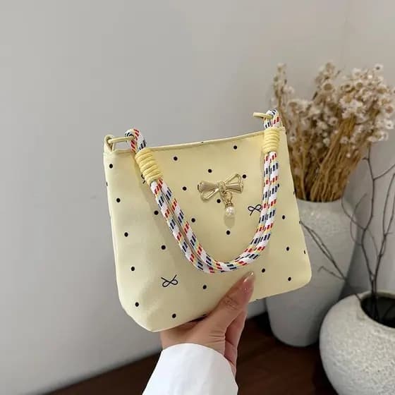 Atmosfera de verão Polka Dot pequeno saco arco + corda colorida Design portátil Cross-body dupla utilização Commuter sac