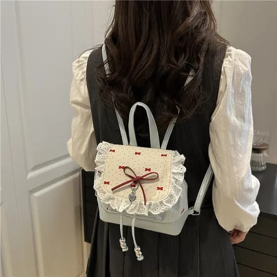 Bonito Polka Dot rendas mochila pequena saco feminino novo estilo na moda moda arco balde saco All-Match