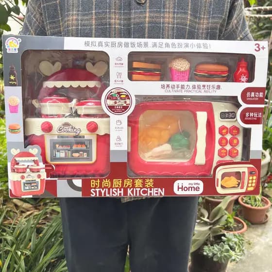 Crianças jogar casa botão de cozinha forno microondas fogão brinquedos diversão utensílios de mesa caixa presente treina