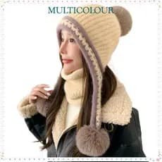 Chapéu De Malha Multicolor , Boné Pulôver De Pompom , Proteção De Ouvido Quente À Prova De Frio Com Bolas De Pele