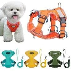 Conjunto De Arnês E Trela Para Cães Com Ajuste De 4 Pontos , Pequenos , Malha Reflexiva , Colete , Filhote De Cachorro ,