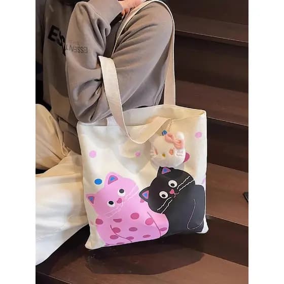 2026 novo estilo de grande capacidade lona sacola feminina dos desenhos animados estilo Preppy classe Commuter saco Casu