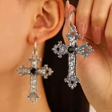 Brincos De Cruz De Flor De Videira De Liga De Prata Antiga Para Mulheres , Exagerados De Hip Hop , Acessórios De Moda