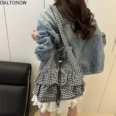 Bolsa Com Cordão DALTONOW , De Ombro Estilo Coreano De Grande Capacidade Folha De Lótus , Linda Sacola Xadrez Portátil