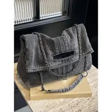 Bolsa de Ombro Feminina em Denim, Grande Capacidade, Elegante, com Alça de Corrente Transversal para Uso Diário, Casual,