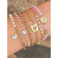 6 Pçs Boêmio Doce Rosa Grânulo Elástico Pulseira Único Coração Pingente Festa Férias Commuter Jóias