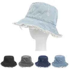 Chapéu Feminino Verão Vintage Lavado Denim Pescador Babados Proteção Solar Bacia Grande Aba