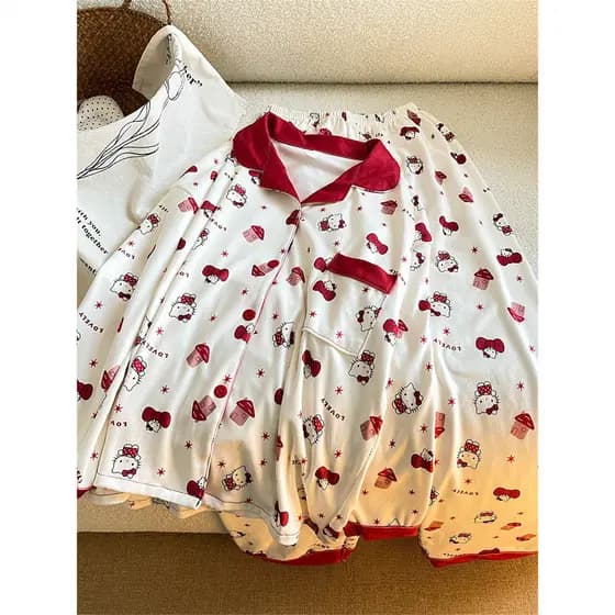 Pijamas femininos outono inverno estilo alemão veludo dos desenhos animados doce estilo feminino KT gato calças de manga