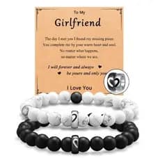 [Estoque pronto] Pulseira trançada preta e branca casal ajustável preto branco aço inoxidável gato amor anel pulseira br
