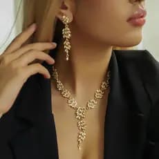 Conjunto para Noivas: Brincos em Formato de Trigo + Colar Diamante | Semi Joias Folheadas a Ouro - Presente de Casame