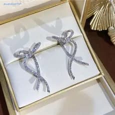 BLUEVELVETSP Zircão Arco Brincos Brilhantes Pingente Fita Bownot Prata Cor Cristal Femininos
