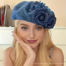 Boina de jeans feminina com decoração de flores em 3D, boné de jornaleiro de algodão, adequada para uso casual ao ar liv