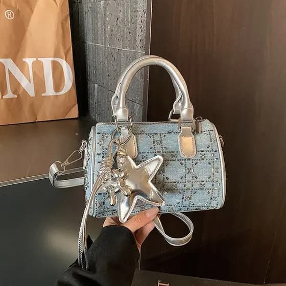 Doce estilo legal Denim diamante quente pequeno saco estrela pingente estilo portátil Cross-body saco de dupla utilizaçã