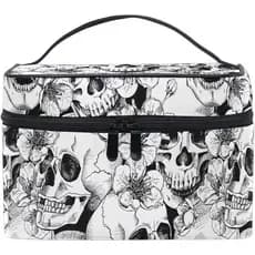 Estojo de Maquiagem Portátil com Estampa de Caveira Mexicana e Floral Coreano, Bolsa Organizadora Grande com Zíper para