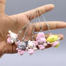5Pcs/Set My Melody Pink Girl Angel Kuromi Hello Kitty Cinnamoroll Pom Chaveiro Purin Telefone Celular Corda Q Versão PVC