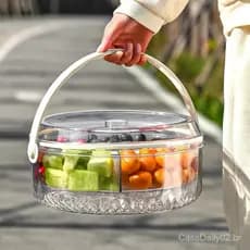 Bandeja de frutas frescas com cinco compartimentos e alça, selada e à prova de umidade, caixa redonda portátil para lanc