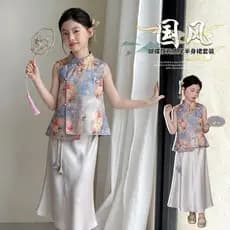 Novo traje Tang de estilo chinês para meninas, conjunto Hanfu para o verão, conjunto de duas peças com cheongsam e saia