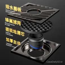 Ralo de piso em aço inoxidável para comércio exterior, anti-odor, reforçado com filtro, alta capacidade de drenagem, dup