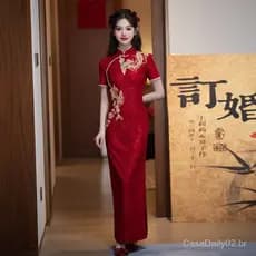 Cheongsam longo bordado, elegante e estiloso, vermelho, modelo novo 2025 para mulheres, vestido de noiva estilo chinês p