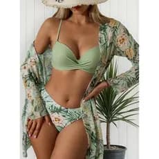 Biquini Feminino com Bojo Maiô Feminino Saída de Praia  Fato de Banho Feminino Elegante de 3 Peça Biquíni Cintura Alta