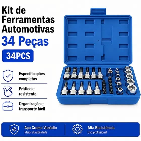Kit Soquetes 34 Peças 3/8" Aço Cromo Vanádio Conjunto Macho e Fêmea com Caixa Azul - Ferramenta Manual para Aperto e